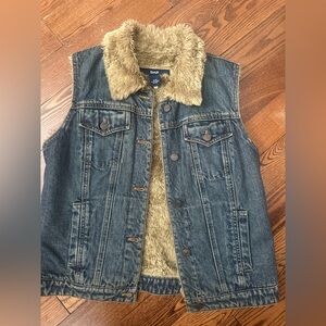 GAP Blue Denim Vest with Tan Faux Fur